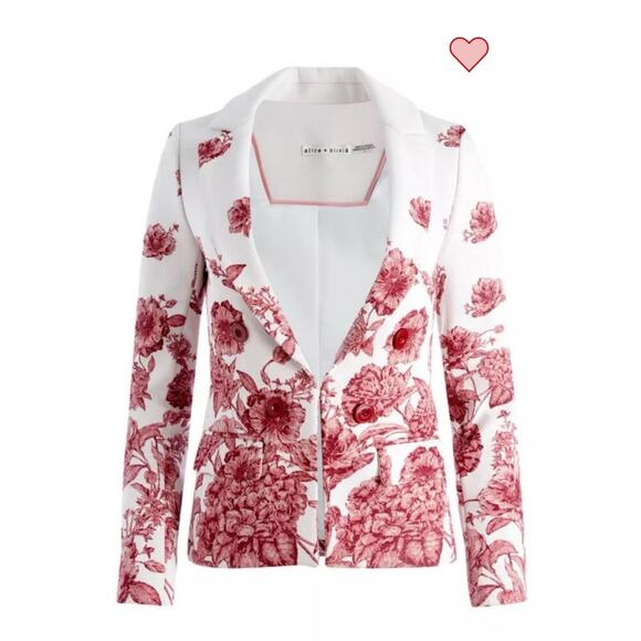 Alice + Olivia Mya Notch Collar Fitted Blazer Off White Multi Red Floral Size 2 - Picture 3 of 16